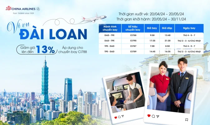 China Airlines khuyến mãi 13% vé máy bay đi Đài Loan
